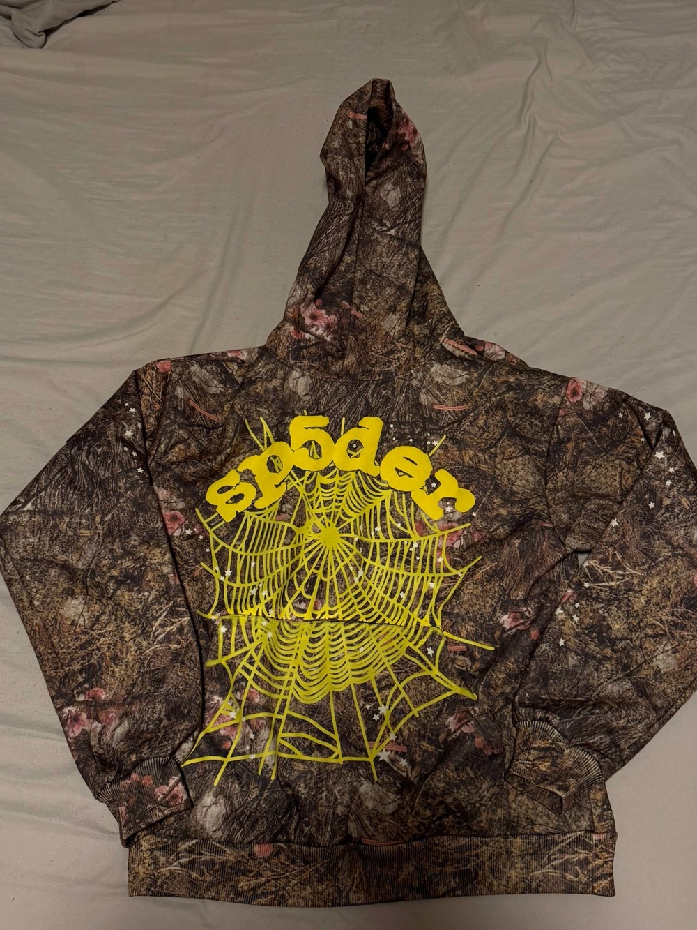 Brown Camo Graphic Hooded Vest with Yellow Spiderweb Print
